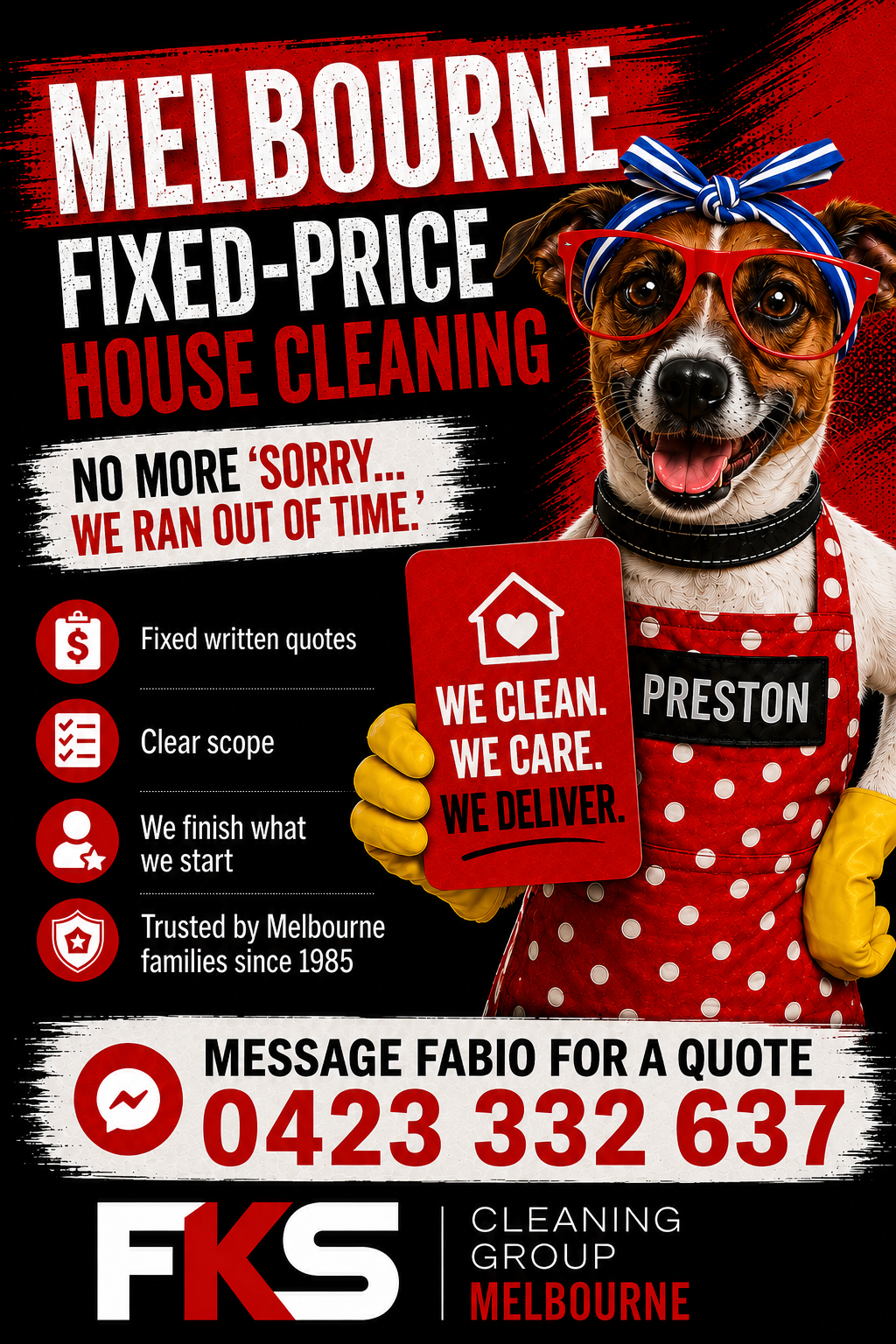 Preston promoting fixed-price house cleaning in Melbourne for FKS Cleaning Group